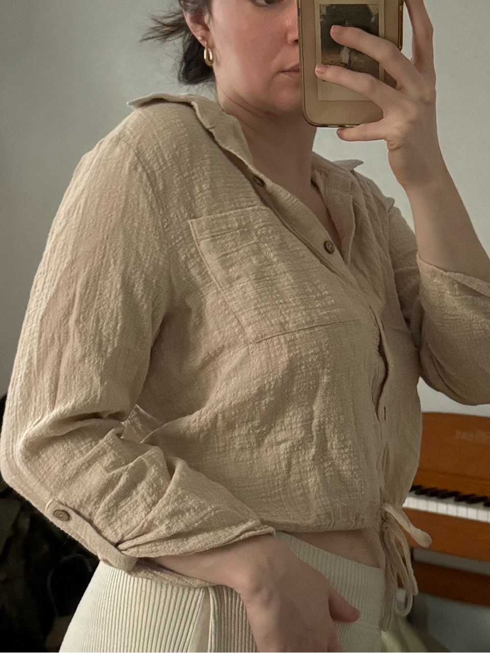Timing Beige Textured Button-Front Drawstring Shirt - Picture 5 of 6
